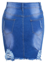 Load image into Gallery viewer, Ladies Ripped Distressed Frayed Mid Blue Denim Mini Skirt - Blue