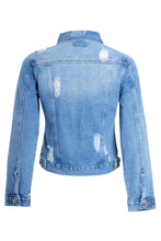 Load image into Gallery viewer, Womens Denim Jacket Blue Ripped Distressed Button Up - Blue