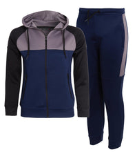 Load image into Gallery viewer, Unisex Block Contrast Panel Full Zip Hoodie Tracksuit - Navy/Grey/Black