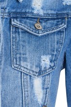 Load image into Gallery viewer, Womens Denim Jacket Blue Ripped Distressed Button Up - Blue