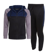 Load image into Gallery viewer, Unisex Block Contrast Panel Full Zip Hoodie Tracksuit - Black/Navy/Grey