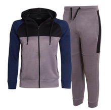 Load image into Gallery viewer, Unisex Block Contrast Panel Full Zip Hoodie Tracksuit - Grey/Black/Navy