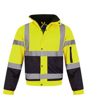 Load image into Gallery viewer, Hi Vis Visibility Bomber Workwear Security Hooded Waterproof Jacket - Yellow/Navy