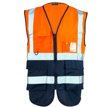 Load image into Gallery viewer, Hi Vis Vest with Phone & ID Pockets 2 tone Waistcoat - Orange/Navy