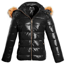 Load image into Gallery viewer, Womens Ladies Puffer Jacket Wet Look Faux Fur Coat - Black