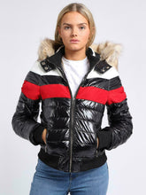 Load image into Gallery viewer, Womens Puffer Jacket Wet Look Faux Fur Coat - Black/Red