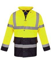 Load image into Gallery viewer, Hi Vis Parka Workwear Safety Hooded Jacket - Yellow/Navy
