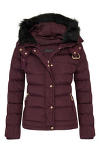 Load image into Gallery viewer, Womens Quilted Pocket Belt Padded Jacket Fur Zip Hooded - Wine