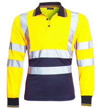 Load image into Gallery viewer, Mens Hi Vis Viz Long Sleeve Polo Contrast Workwear Tee Tshirt - Yellow/Navy
