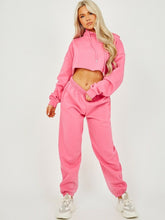Load image into Gallery viewer, Womens Activewear Long Sleeve Crop Top Joggers Set Tracksuit - Fushia