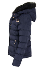 Load image into Gallery viewer, Womens Quilted Pocket Belt Padded Jacket Fur Zip Hooded - Navy