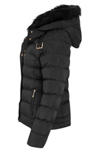 Load image into Gallery viewer, Womens Quilted Pocket Belt Padded Jacket Fur Zip Hooded - Black