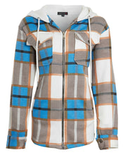 Load image into Gallery viewer, Womens Check Fleece Zip Up Hooded Shacket-Sky Blue/Brown