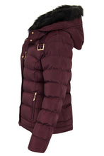 Load image into Gallery viewer, Womens Quilted Pocket Belt Padded Jacket Fur Zip Hooded - Wine