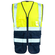 Load image into Gallery viewer, Hi Vis Vest with Phone & ID Pockets 2 tone Waistcoat - Yellow/Navy