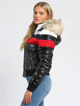 Load image into Gallery viewer, Womens Puffer Jacket Wet Look Faux Fur Coat - Black/Red