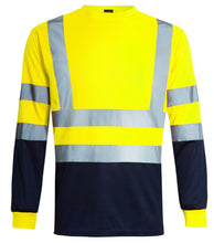 Load image into Gallery viewer, Hi Vis Viz Visibility Long Sleeve Round Neck T-Shirt Polo Safety Work Shirts, Yellow/Navy