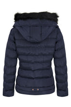 Load image into Gallery viewer, Womens Quilted Pocket Belt Padded Jacket Fur Zip Hooded - Navy