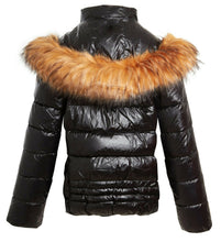 Load image into Gallery viewer, Womens Ladies Puffer Jacket Wet Look Faux Fur Coat - Black