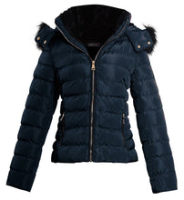 Load image into Gallery viewer, Shelikes Womens Faux Fur Hooded Zip Up Jacket - Navy