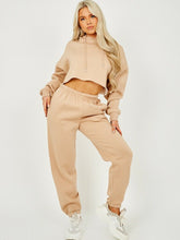 Load image into Gallery viewer, Womens Activewear Long Sleeve Crop Top Joggers Set Tracksuit - Beige