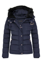 Load image into Gallery viewer, Womens Quilted Pocket Belt Padded Jacket Fur Zip Hooded - Navy