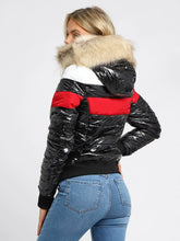 Load image into Gallery viewer, Womens Puffer Jacket Wet Look Faux Fur Coat - Black/Red