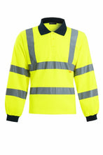 Load image into Gallery viewer, Mens Hi Vis Viz Long Sleeve Polo Contrast Workwear Tee Tshirt - Yellow(85)