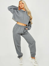 Load image into Gallery viewer, Womens Activewear Long Sleeve Crop Top Joggers Set Tracksuit - Charcoal