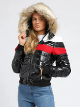 Load image into Gallery viewer, Womens Puffer Jacket Wet Look Faux Fur Coat - Black/Red