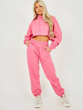 Load image into Gallery viewer, Womens Activewear Long Sleeve Crop Top Joggers Set Tracksuit - Fushia