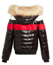 Load image into Gallery viewer, Womens Puffer Jacket Wet Look Faux Fur Coat - Black/Red