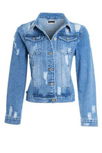 Load image into Gallery viewer, Womens Denim Jacket Blue Ripped Distressed Button Up - Blue