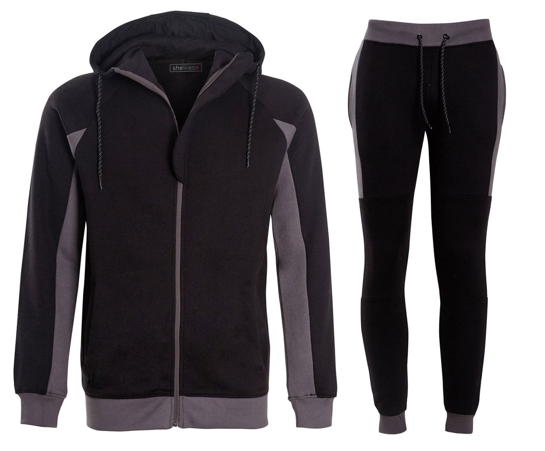 Mens Casual Contrast Slim Fit Exercise Gym Jogging Tracksuite - Black